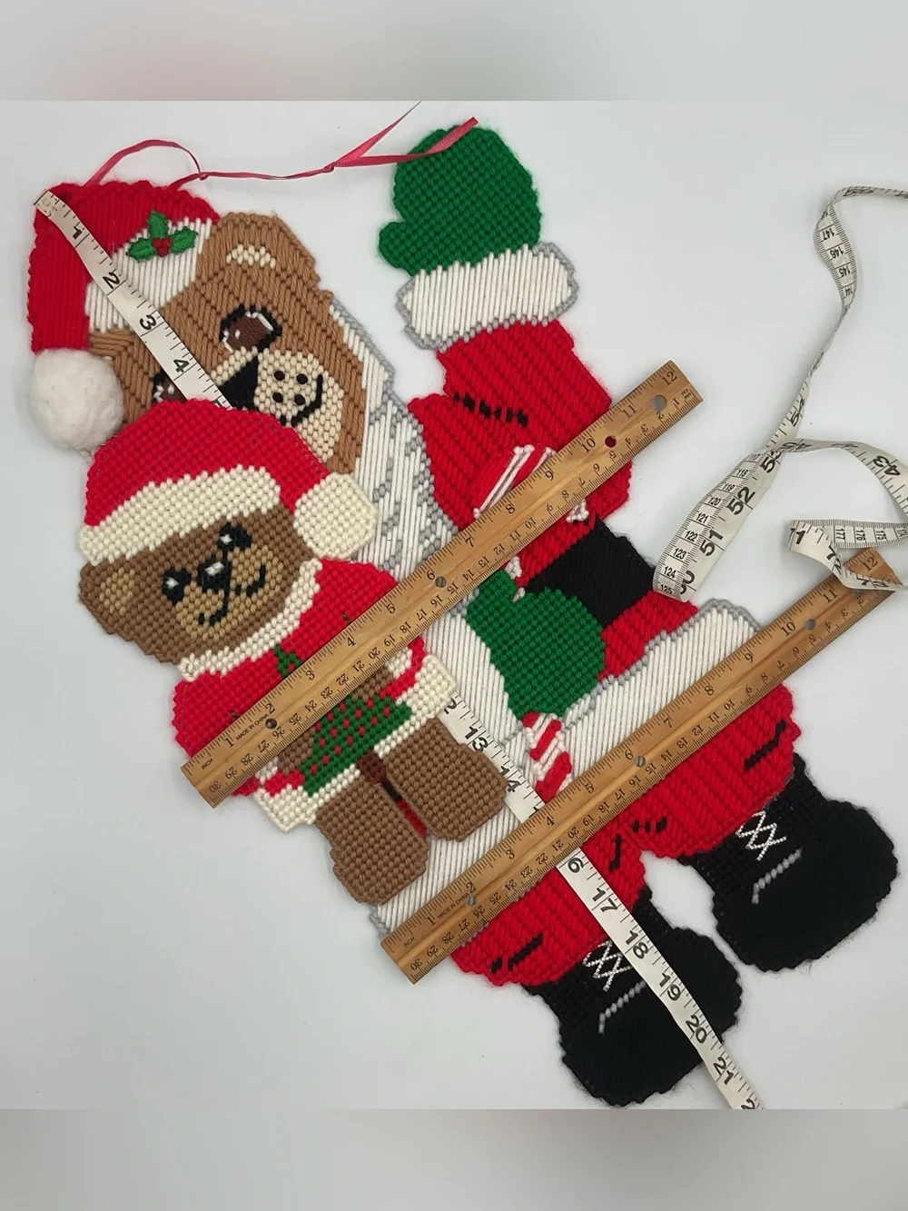 Vtg Christmas Santa Bear Wall Hanging Plastic Yarn Needlepoint Folk Art Decor